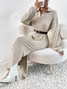 Solid color drop shoulder slit thigh dress (no belt) autumn new European and American long sleeve